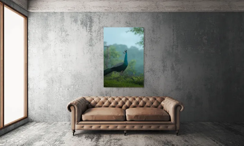 Tablou Canvas, "Pavo strălucitor în zori verzi", Păun, Verdeață, Ceață, Eleganță, Natură, Serenitate, Frumusețe, Pădure, Siluetă, Mister., 100 x 150 cm – poza 6