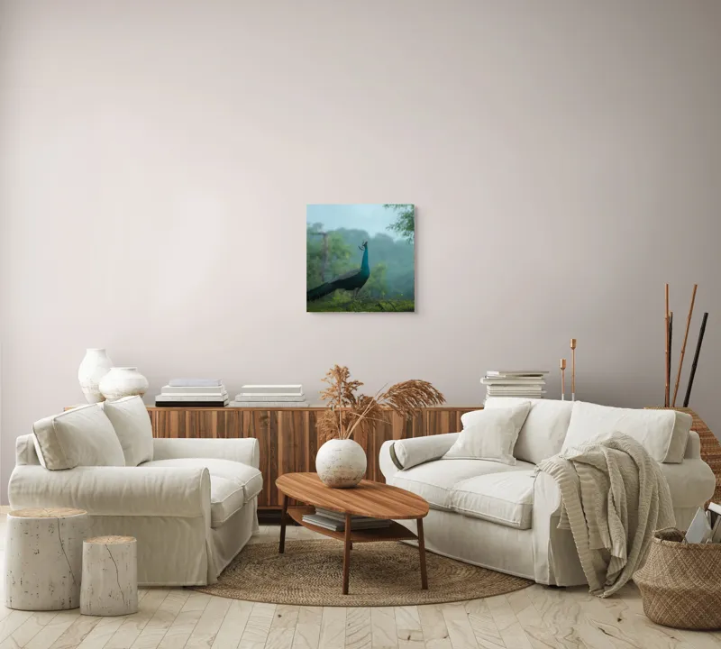 Tablou Canvas, "Pavo strălucitor în zori verzi", Păun, Verdeață, Ceață, Eleganță, Natură, Serenitate, Frumusețe, Pădure, Siluetă, Mister., 50 x 50 cm – poza 7