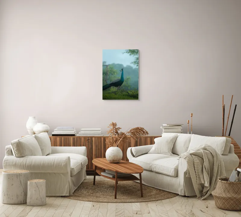 Tablou Canvas, "Pavo strălucitor în zori verzi", Păun, Verdeață, Ceață, Eleganță, Natură, Serenitate, Frumusețe, Pădure, Siluetă, Mister., 50 x 70 cm – poza 4