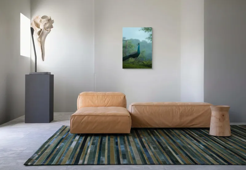 Tablou Canvas, "Pavo strălucitor în zori verzi", Păun, Verdeață, Ceață, Eleganță, Natură, Serenitate, Frumusețe, Pădure, Siluetă, Mister., 50 x 70 cm – poza 7