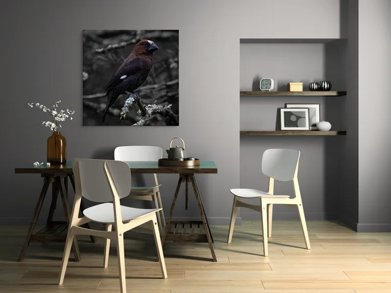 Tablou Canvas, "Pasărea solitară pe ramură veche", Pasăre, Ramură, Ochi, Penaj, Melancolie, Natură, Contrast, Solitudine, Eleganță, Penar, Liniște, Observație, 100 x 100 cm – poza 6