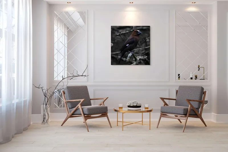 Tablou Canvas, "Pasărea solitară pe ramură veche", Pasăre, Ramură, Ochi, Penaj, Melancolie, Natură, Contrast, Solitudine, Eleganță, Penar, Liniște, Observație, 100 x 100 cm – poza 7