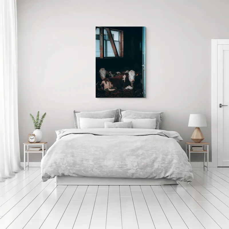 Tablou Canvas, "Vaci odihnindu-se în grajd întunecat", Blândețe, Lumină, Serenitate, Fereastră, Întuneric, Odihnă, Calm, Rural., 70 x 100 cm – poza 3