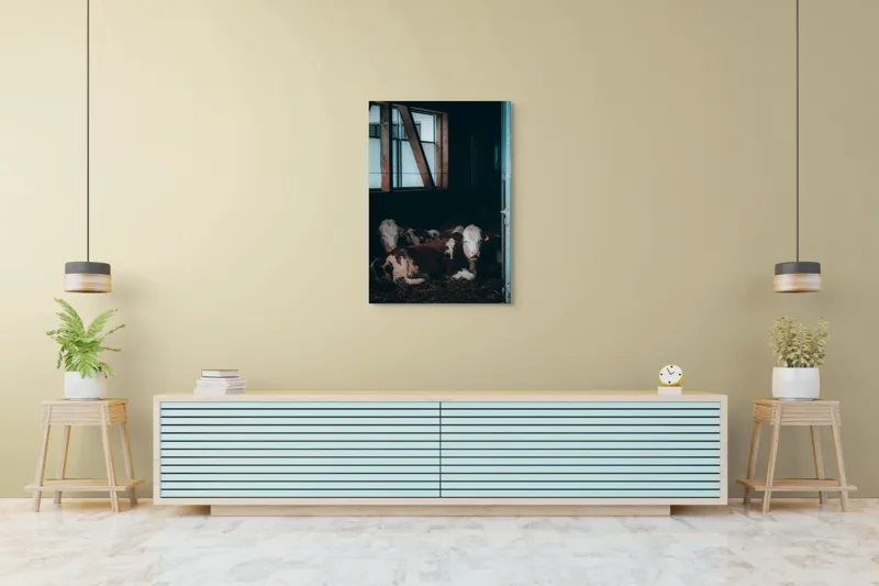 Tablou Canvas, "Vaci odihnindu-se în grajd întunecat", Blândețe, Lumină, Serenitate, Fereastră, Întuneric, Odihnă, Calm, Rural., 70 x 100 cm – poza 5