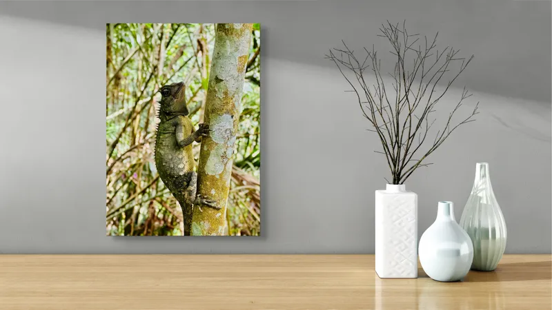 Tablou Canvas, "Șopârla exploratoare în jungla misterioasă", Şopârlă, Arbore, Pădure, Camuflaj, Vertebrate, Natură, Biodiversitate, Echilibru, Frunziş, Textură, 39 x 54 cm – poza 4