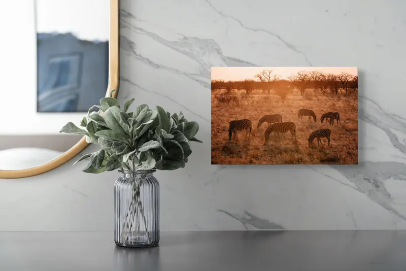 Tablou Canvas, "Zebre în lumina apusului african", Zebre, Apus, Savannah, Copaci, Iarbă, Siluete, Lumină, Relaxare, 39 x 26 cm – poza 5
