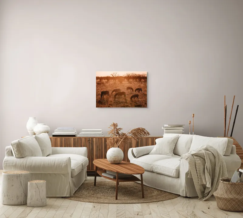 Tablou Canvas, "Zebre în lumina apusului african", Zebre, Apus, Savannah, Copaci, Iarbă, Siluete, Lumină, Relaxare, 70 x 50 cm – poza 6