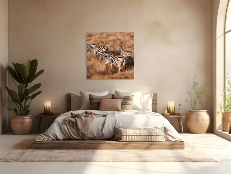 Tablou Canvas, "Zebre în savana africană aurie", Zebre, Căprioare, Savana, Iarbă, Natură, Peisaj, Africă, Animal, Turmă, Dungat, 100 x 100 cm – poza 4