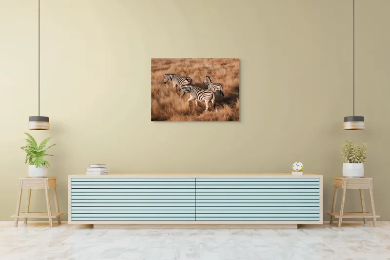 Tablou Canvas, "Zebre în savana africană aurie", Zebre, Căprioare, Savana, Iarbă, Natură, Peisaj, Africă, Animal, Turmă, Dungat, 100 x 70 cm – poza 4