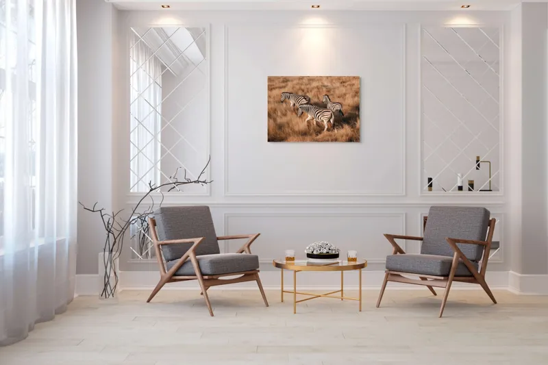 Tablou Canvas, "Zebre în savana africană aurie", Zebre, Căprioare, Savana, Iarbă, Natură, Peisaj, Africă, Animal, Turmă, Dungat, 100 x 70 cm – poza 5