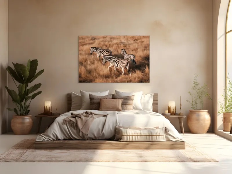 Tablou Canvas, "Zebre în savana africană aurie", Zebre, Căprioare, Savana, Iarbă, Natură, Peisaj, Africă, Animal, Turmă, Dungat, 150 x 100 cm – poza 4