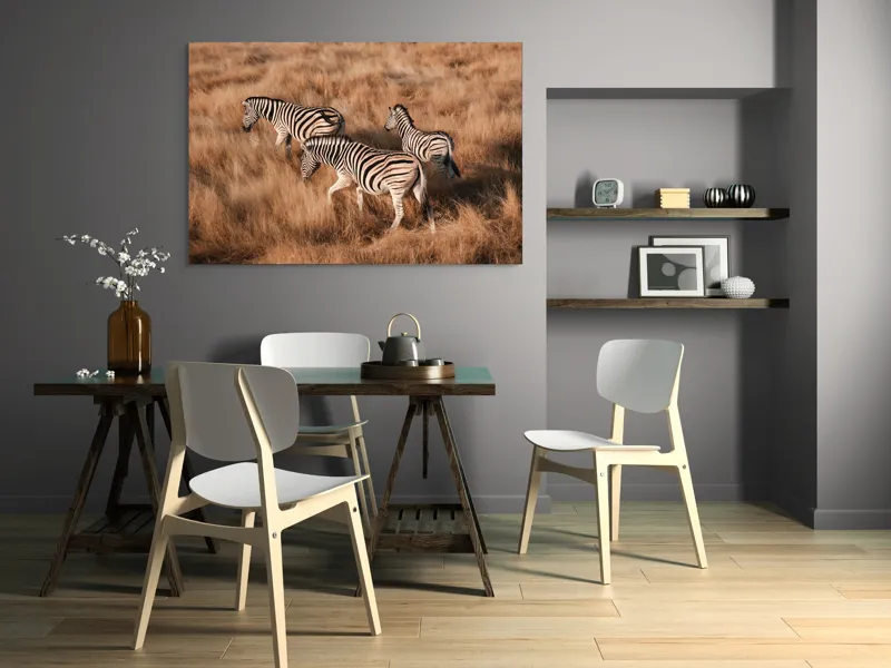 Tablou Canvas, "Zebre în savana africană aurie", Zebre, Căprioare, Savana, Iarbă, Natură, Peisaj, Africă, Animal, Turmă, Dungat, 150 x 100 cm – poza 5