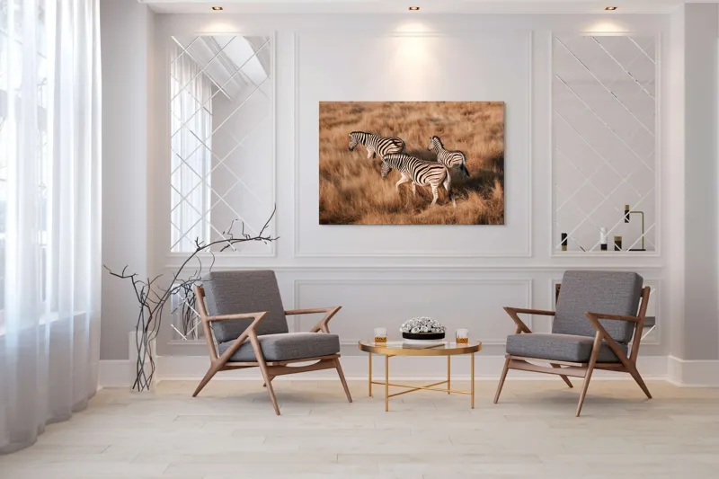 Tablou Canvas, "Zebre în savana africană aurie", Zebre, Căprioare, Savana, Iarbă, Natură, Peisaj, Africă, Animal, Turmă, Dungat, 150 x 100 cm – poza 7