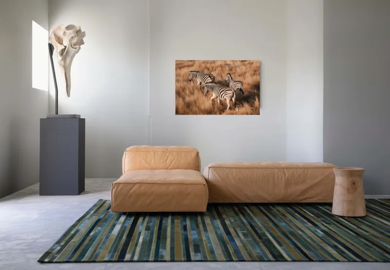 Tablou Canvas, "Zebre în savana africană aurie", Zebre, Căprioare, Savana, Iarbă, Natură, Peisaj, Africă, Animal, Turmă, Dungat, 90 x 50 cm – poza 8