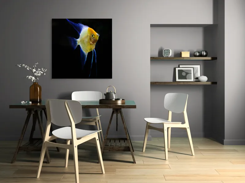 Tablou Canvas, "Înotătoarea albastră în abis întunecat", Pește, Înotătoare, Colorat, Acvariu, Contrast, Elegant, Subacvatic, Feeric, 100 x 100 cm – poza 6