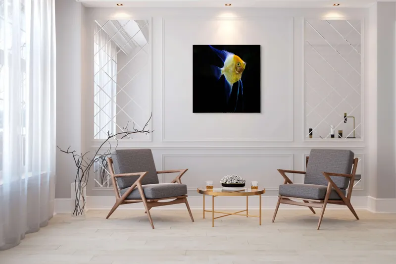 Tablou Canvas, "Înotătoarea albastră în abis întunecat", Pește, Înotătoare, Colorat, Acvariu, Contrast, Elegant, Subacvatic, Feeric, 100 x 100 cm – poza 7
