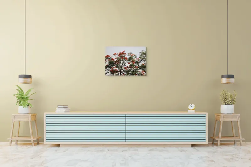 Tablou Canvas, "Papagal printre flori de flamboyant", Roșu, Frunze, Ramuri, Păsăre, Cer, Arbori, Flori, Natură, Culoare, Contrast, 70 x 50 cm – poza 7