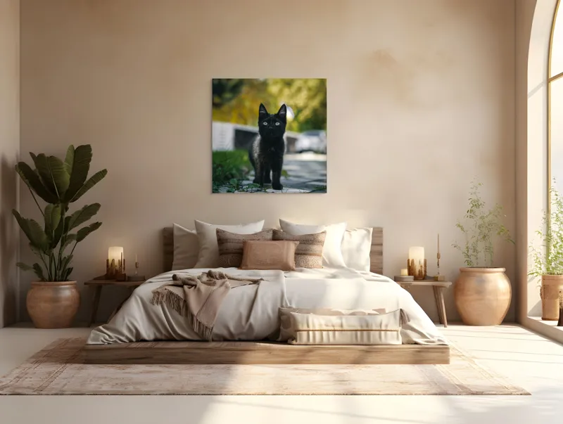 Tablou Canvas, "Pisoiul negru pe cărăruie însorită", Negru, Ochii, Pisică, Trotuar, Natură, Verdeață, Blană, Curiozitate, 100 x 100 cm – poza 4