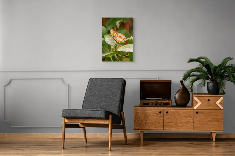 Tablou Canvas, "Flutur și frunze în armonie verde", Fluture, Frunze, Verde, Portocaliu, Transparent, Delicat, Natură, Aripi., 50 x 70 cm – poza 8