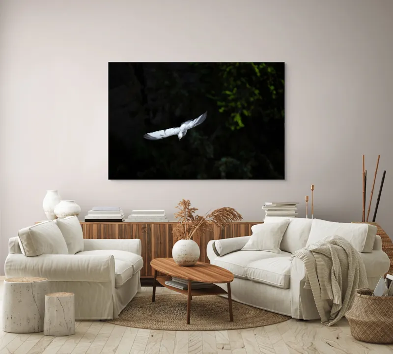 Tablou Canvas, "Pasărea albă în zbor nocturn", Porumbel, Zbor, Noapte, Întuneric, Aripi, Strălucire, Pădure, Serenitate, 150 x 100 cm – poza 3
