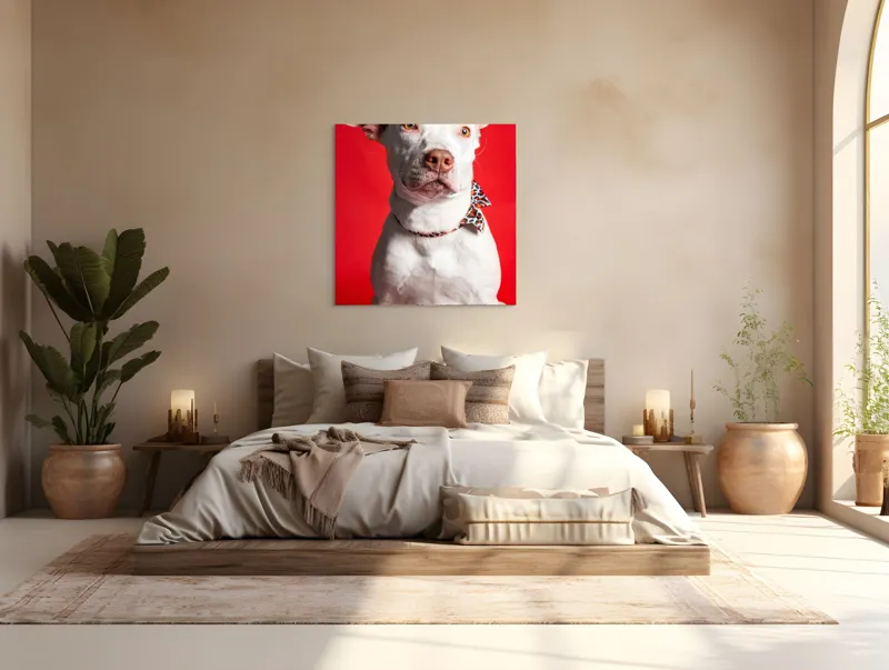 Tablou Canvas, "Câinele cu fundiță pe fundal roșu", Câine, Alb, Fundal, Roșu, Papion, Privire, Calmă, 100 x 100 cm – poza 4