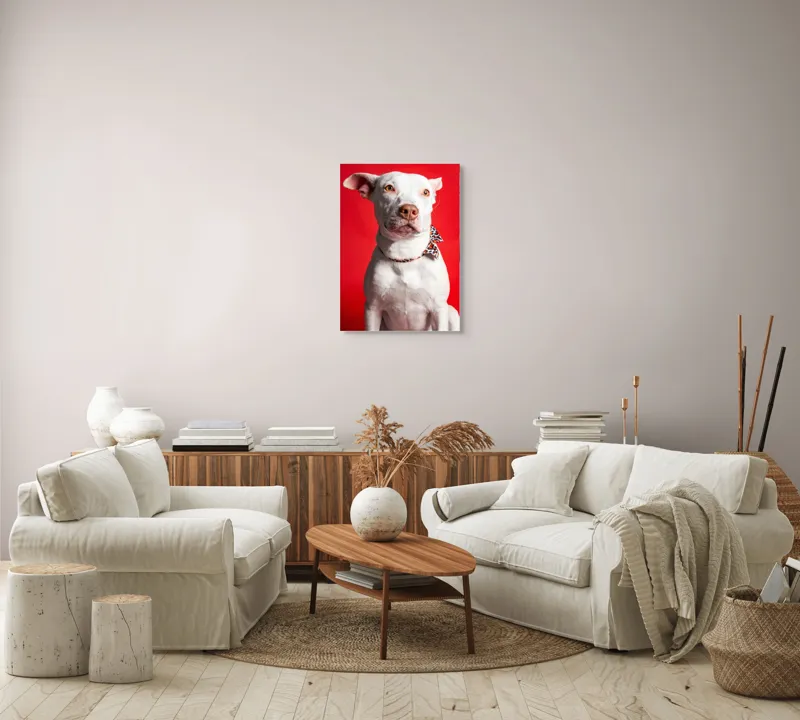 Tablou Canvas, "Câinele cu fundiță pe fundal roșu", Câine, Alb, Fundal, Roșu, Papion, Privire, Calmă, 50 x 70 cm – poza 4