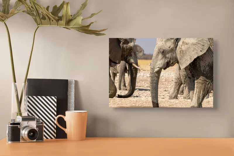 Tablou Canvas, "Elefanți la adăpat în savană", Elefanți, Deșert, Apă, Căldură, Peisaj, Faună, Natura, Ploi, Africa., 39 x 26 cm – poza 3