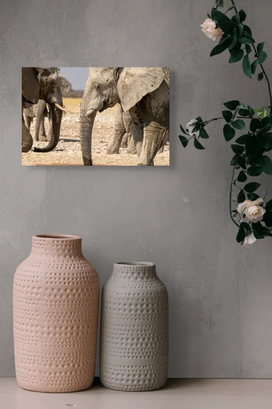 Tablou Canvas, "Elefanți la adăpat în savană", Elefanți, Deșert, Apă, Căldură, Peisaj, Faună, Natura, Ploi, Africa., 39 x 26 cm – poza 4