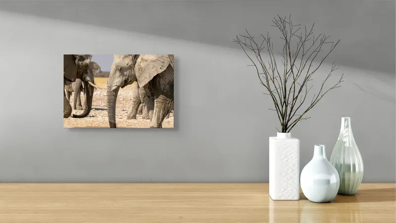 Tablou Canvas, "Elefanți la adăpat în savană", Elefanți, Deșert, Apă, Căldură, Peisaj, Faună, Natura, Ploi, Africa., 39 x 26 cm – poza 8