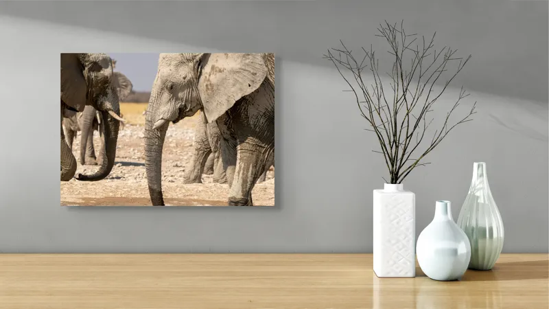 Tablou Canvas, "Elefanți la adăpat în savană", Elefanți, Deșert, Apă, Căldură, Peisaj, Faună, Natura, Ploi, Africa., 54 x 39 cm – poza 3