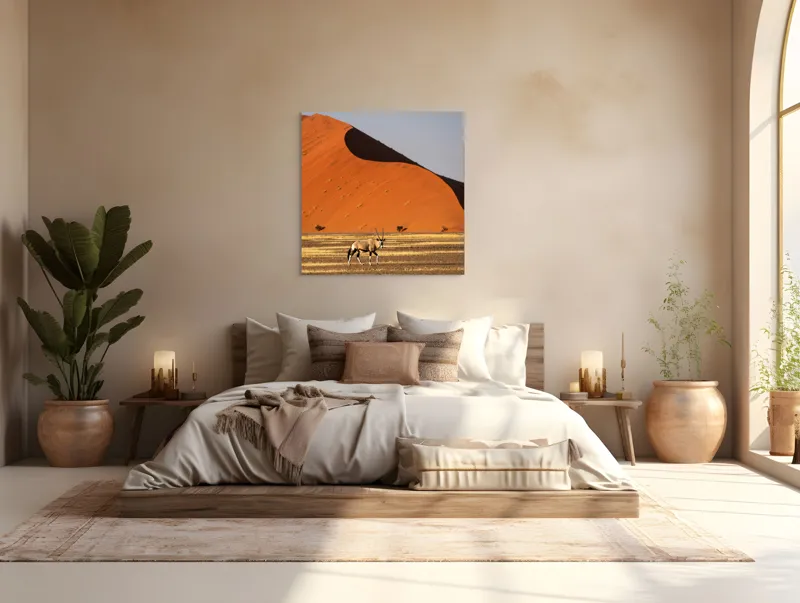 Tablou Canvas, "Oryx în fața dunelor portocalii", Antilopă, Dune, Deșert, Orange, Cer, Umbre, Linie, Vegetație, 100 x 100 cm – poza 4