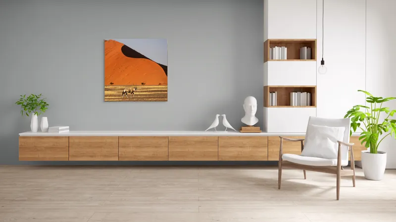 Tablou Canvas, "Oryx în fața dunelor portocalii", Antilopă, Dune, Deșert, Orange, Cer, Umbre, Linie, Vegetație, 100 x 100 cm – poza 8