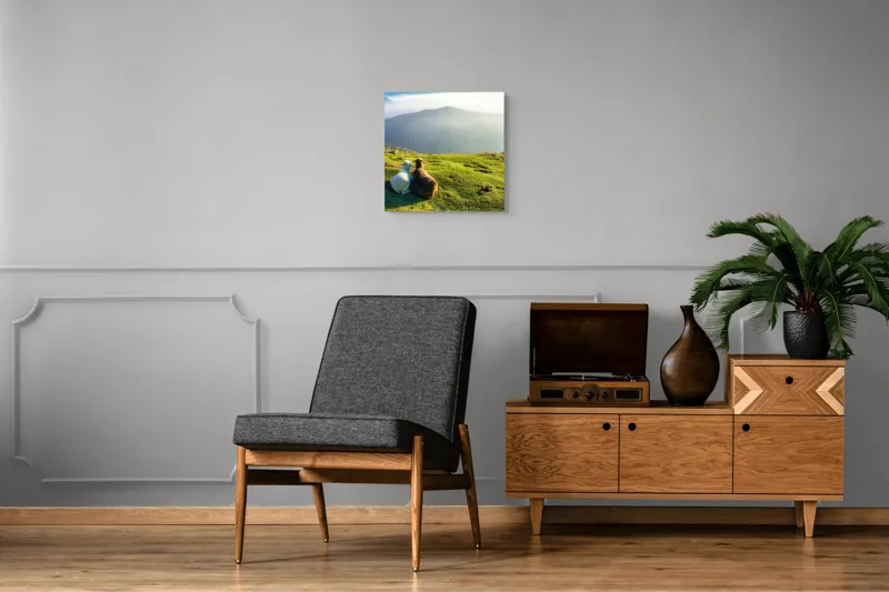 Tablou Canvas, "Priveghiul oilor în zori de munte", Nori, Munte, Oi, Peisaj, Iarbă, Liniște, Apus, Ceață, Lumină, Verdeață, 50 x 50 cm – poza 6