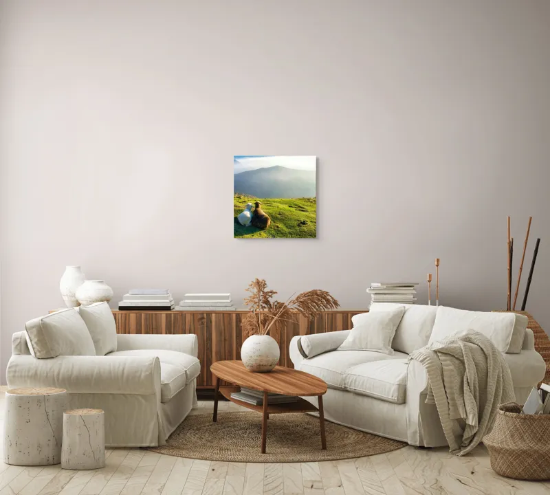 Tablou Canvas, "Priveghiul oilor în zori de munte", Nori, Munte, Oi, Peisaj, Iarbă, Liniște, Apus, Ceață, Lumină, Verdeață, 50 x 50 cm – poza 7