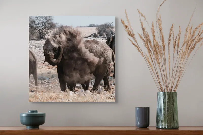 Tablou Canvas, "Elefanți într-o furtună de praf africana", Elefanți, Savana, Noroi, Praf, Vegetație, Copaci, Peisaj, Faună., 50 x 50 cm – poza 4