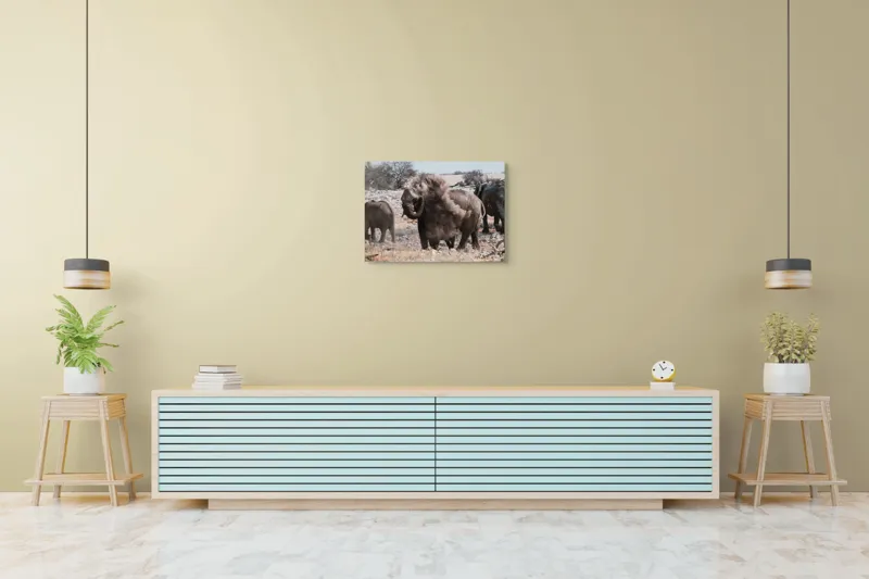 Tablou Canvas, "Elefanți într-o furtună de praf africana", Elefanți, Savana, Noroi, Praf, Vegetație, Copaci, Peisaj, Faună., 70 x 50 cm – poza 7