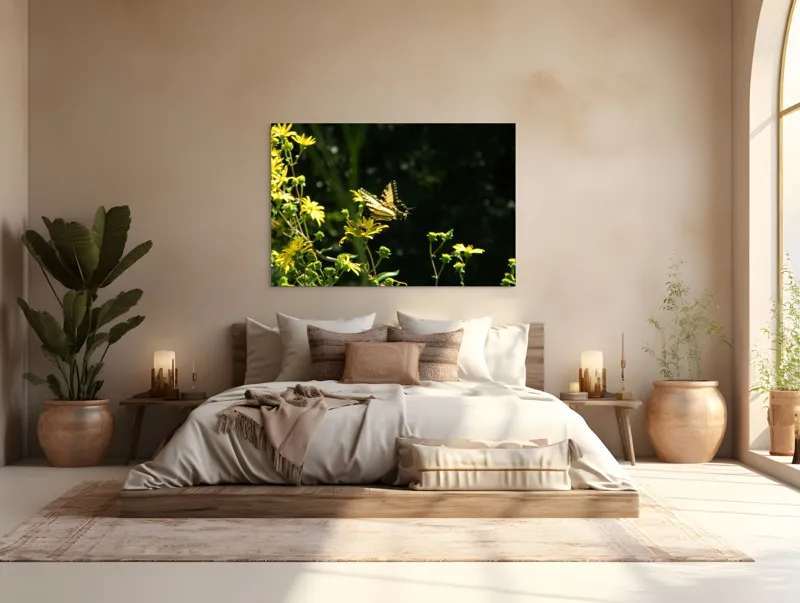 Tablou Canvas, "Fluturele printre flori galbene strălucitoare", Fluture, Galben, Flori, Natură, Lumină, Contraste, Delicatețe, Aripi, Verdeață, Primăvară, 150 x 100 cm – poza 4