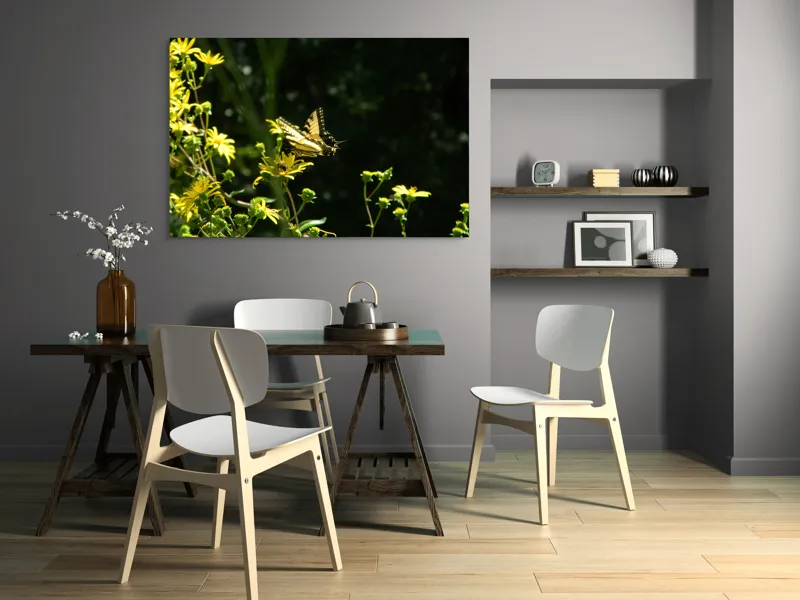 Tablou Canvas, "Fluturele printre flori galbene strălucitoare", Fluture, Galben, Flori, Natură, Lumină, Contraste, Delicatețe, Aripi, Verdeață, Primăvară, 150 x 100 cm – poza 5