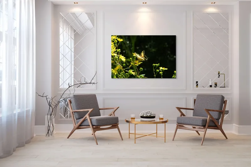 Tablou Canvas, "Fluturele printre flori galbene strălucitoare", Fluture, Galben, Flori, Natură, Lumină, Contraste, Delicatețe, Aripi, Verdeață, Primăvară, 150 x 100 cm – poza 7