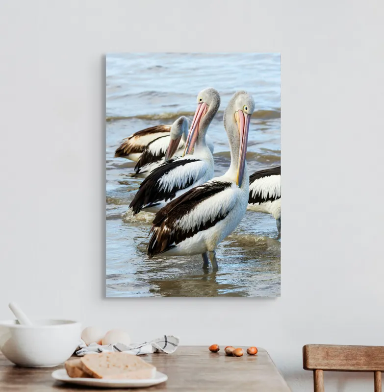 Tablou Canvas, "Pelicani în apă la malul mării", Pelicani, Apă, Nisip, Plutire, Aripi, Reflecție, Cer, Valuri, Serenitate, Natură, 50 x 70 cm – poza 3