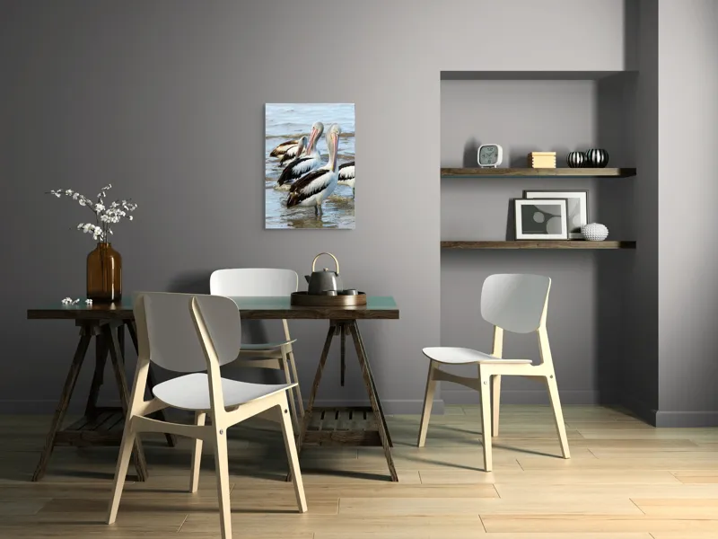 Tablou Canvas, "Pelicani în apă la malul mării", Pelicani, Apă, Nisip, Plutire, Aripi, Reflecție, Cer, Valuri, Serenitate, Natură, 50 x 70 cm – poza 5