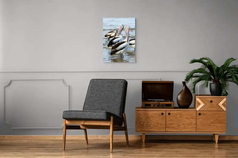 Tablou Canvas, "Pelicani în apă la malul mării", Pelicani, Apă, Nisip, Plutire, Aripi, Reflecție, Cer, Valuri, Serenitate, Natură, 50 x 70 cm – poza 8