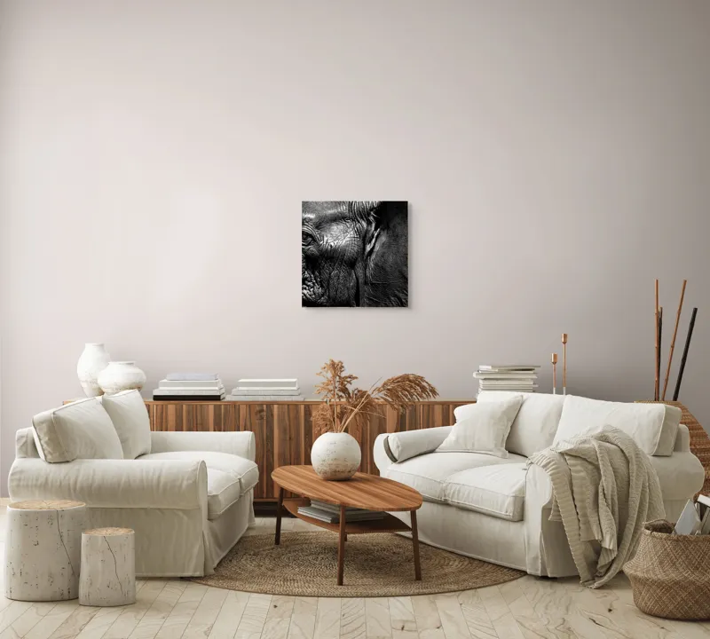 Tablou Canvas, "Elefantul înțelept al savanei africane", Elefant, Textură, Ochi, Piele, Detaliu, Umbre, Contrast, Monocrom, Riduri, 50 x 50 cm – poza 7