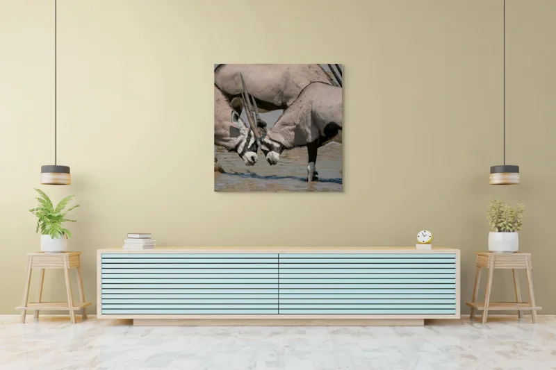 Tablou Canvas, "Oryxii se duelează la apă", Antilope, Coarne, Apă, Combat, Natură, Interacțiune, Sălbăticie, Animal., 100 x 100 cm – poza 5