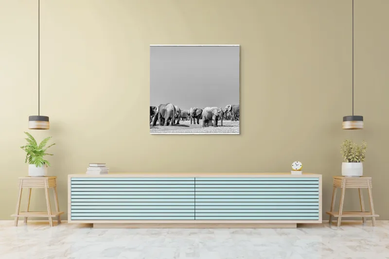 Tablou Canvas, "Elefanți la adăpătoare în savană", Elefanți, Girafe, Savana, Peisaj, Alb, Negru, Natură, Animale, Întindere, Liniște, 100 x 100 cm – poza 5
