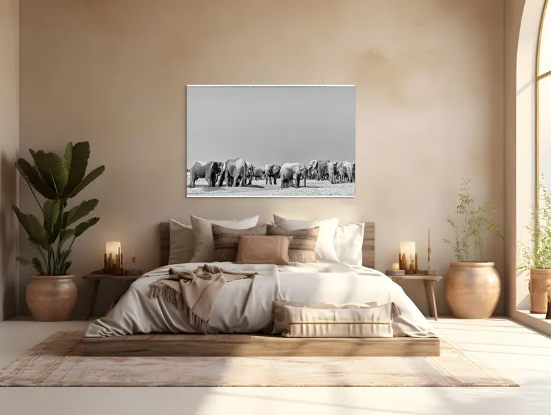 Tablou Canvas, "Elefanți la adăpătoare în savană", Elefanți, Girafe, Savana, Peisaj, Alb, Negru, Natură, Animale, Întindere, Liniște, 150 x 100 cm – poza 4