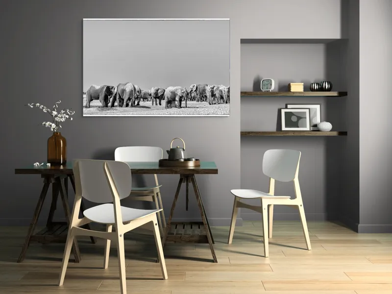 Tablou Canvas, "Elefanți la adăpătoare în savană", Elefanți, Girafe, Savana, Peisaj, Alb, Negru, Natură, Animale, Întindere, Liniște, 150 x 100 cm – poza 5