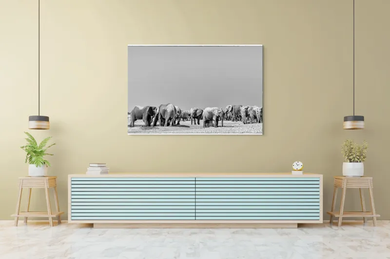 Tablou Canvas, "Elefanți la adăpătoare în savană", Elefanți, Girafe, Savana, Peisaj, Alb, Negru, Natură, Animale, Întindere, Liniște, 150 x 100 cm – poza 6