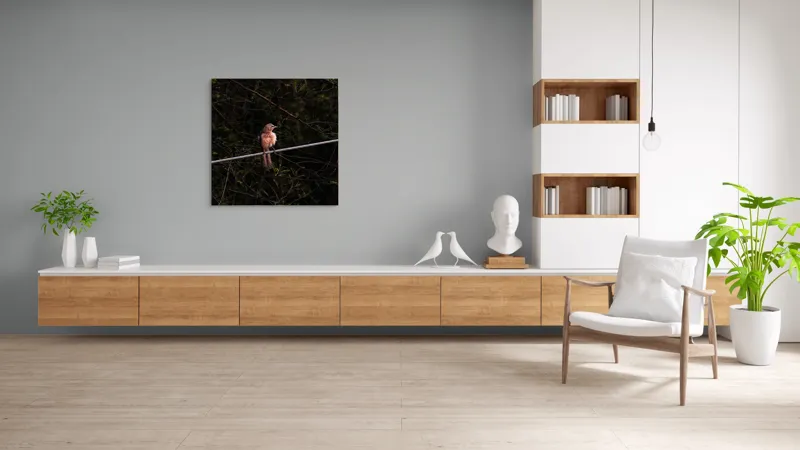 Tablou Canvas, "Pasărea solitară pe ramura rece", Pasăre, Creangă, Frunziș, Cablu, Întuneric, Penaj, Peisaj, Sălbăticie, 100 x 100 cm – poza 8
