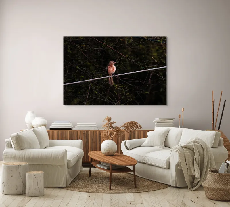 Tablou Canvas, "Pasărea solitară pe ramura rece", Pasăre, Creangă, Frunziș, Cablu, Întuneric, Penaj, Peisaj, Sălbăticie, 150 x 100 cm – poza 3